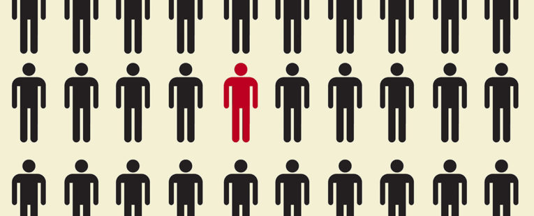 rows of person icons in black with one in red in the middle