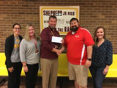 Photo of: (L:R) Shepherd Middle School: Kara Rutherford, Dean of Students, Carrie Price, Athletic Director, and Gary Windy, Principal. OSF HealthCare: Brad Yates, Supervisor of Athletic Training and Alisha Jackson, APRN in Family Medicine